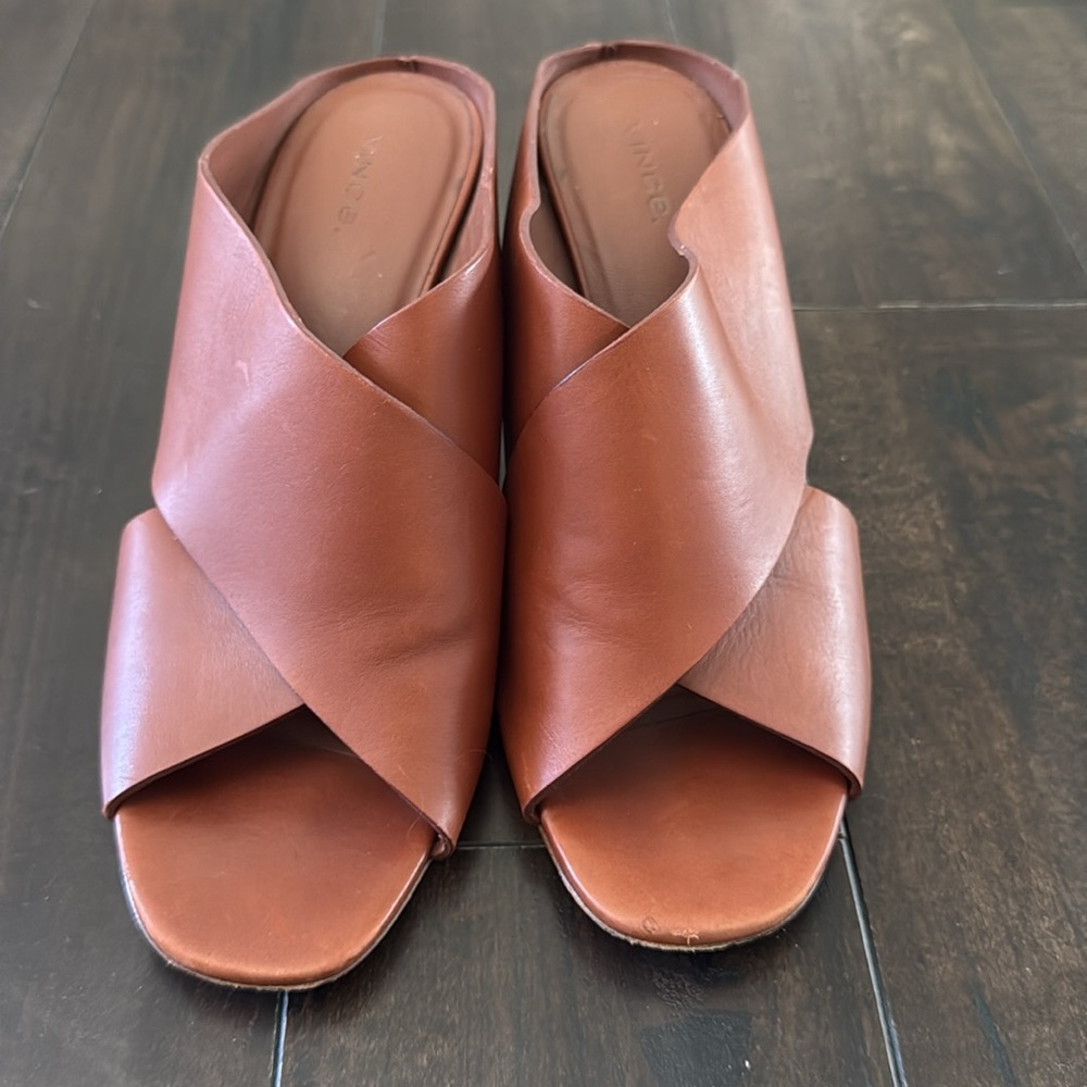 Vince Block Heel Brown Leather Sandals - Picture 2 of 8